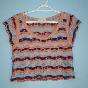 Rebellion Crochet Peach and Blue Striped Women's Crop Top Flutter Sleeves Size L